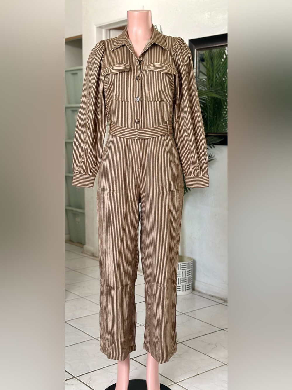 FRNCH Tan & Cream Pinstripe Utility Jumpsuit